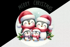 Watercolor penguins Santa hats family Merry Christmas quote print 20 oz tumbler skinny mug wrap clipart t-shirt sublimation printable design