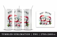 Watercolor penguins Santa hats family Merry Christmas quote print 20 oz tumbler skinny mug wrap clipart t-shirt sublimation printable design