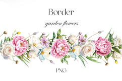 Watercolor peonies and garden flowers border