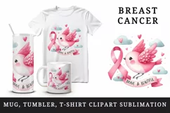 Watercolor pink bird breast cancer ribbon Brave and Beautiful quote print 20 oz tumbler skinny mug wrap clipart t-shirt sublimation printable design
