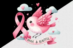 Watercolor pink bird breast cancer ribbon Brave and Beautiful quote print 20 oz tumbler skinny mug wrap clipart t-shirt sublimation printable design