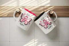 Watercolor pink butterfly breast cancer ribbon Fly with Hope quote print 20 oz tumbler skinny mug wrap clipart t-shirt sublimation printable design