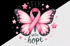 Watercolor pink butterfly breast cancer ribbon Fly with Hope quote print 20 oz tumbler skinny mug wrap clipart t-shirt sublimation printable design