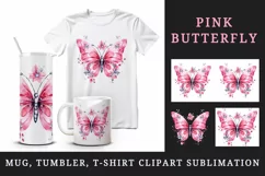 Watercolor pink butterfly floral sparkle flowers insect shining diamonds 20 oz tumbler skinny mug wrap clipart t-shirt sublimation printable design