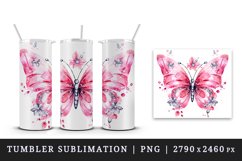 Watercolor pink butterfly floral sparkle flowers insect shining diamonds 20 oz tumbler skinny mug wrap clipart t-shirt sublimation printable design