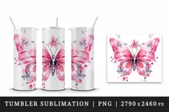 Watercolor pink butterfly floral sparkle flowers insect shining diamonds 20 oz tumbler skinny mug wrap clipart t-shirt sublimation printable design
