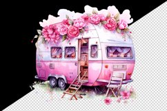 Watercolor pink camper camping floral sparkle flowers roses travel 20 oz tumbler skinny mug wrap clipart t-shirt sublimation printable design