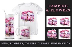 Watercolor pink camper camping floral sparkle flowers roses travel 20 oz tumbler skinny mug wrap clipart t-shirt sublimation printable design