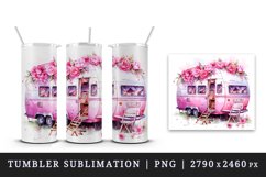 Watercolor pink camper camping floral sparkle flowers roses travel 20 oz tumbler skinny mug wrap clipart t-shirt sublimation printable design