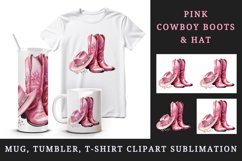 Watercolor pink cowboy leather boots and hat sparkle diamonds and flowers 20 oz tumbler skinny mug wrap clipart t-shirt sublimation printable design