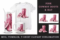Watercolor pink cowboy leather boots and hat sparkle diamonds and flowers 20 oz tumbler skinny mug wrap clipart t-shirt sublimation printable design