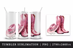 Watercolor pink cowboy leather boots and hat sparkle diamonds and flowers 20 oz tumbler skinny mug wrap clipart t-shirt sublimation printable design