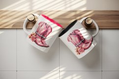 Watercolor pink cowboy leather boots with sparkle diamonds and flower 20 oz tumbler skinny mug wrap clipart t-shirt sublimation printable design