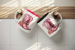 Watercolor pink cowboy leather boots with sparkle diamonds and flower 20 oz tumbler skinny mug wrap clipart t-shirt sublimation printable design