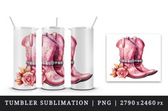 Watercolor pink cowboy leather boots with sparkle diamonds and flower 20 oz tumbler skinny mug wrap clipart t-shirt sublimation printable design