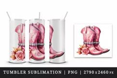 Watercolor pink cowboy leather boots with sparkle diamonds and flower 20 oz tumbler skinny mug wrap clipart t-shirt sublimation printable design
