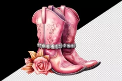 Watercolor pink cowboy leather boots with sparkle diamonds and flower 20 oz tumbler skinny mug wrap clipart t-shirt sublimation printable design