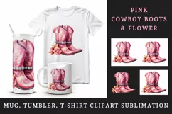 Watercolor pink cowboy leather boots with sparkle diamonds and flower 20 oz tumbler skinny mug wrap clipart t-shirt sublimation printable design