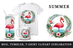 Watercolor pink flamingo stand in water inside tropical floral ring summer print tumbler skinny mug wrap clipart t-shirt sublimation printable design