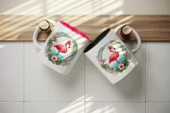 Watercolor pink flamingo stand in water inside tropical floral ring summer print tumbler skinny mug wrap clipart t-shirt sublimation printable design