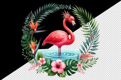 Watercolor pink flamingo stand in water inside tropical floral ring summer print tumbler skinny mug wrap clipart t-shirt sublimation printable design