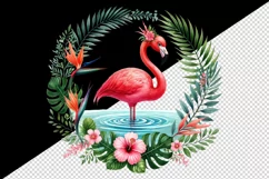 Watercolor pink flamingo stand in water inside tropical floral ring summer print tumbler skinny mug wrap clipart t-shirt sublimation printable design
