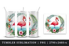 Watercolor pink flamingo stand in water inside tropical floral ring summer print tumbler skinny mug wrap clipart t-shirt sublimation printable design