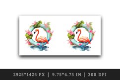 Watercolor pink flamingo stand in water inside tropical floral ring summer print tumbler skinny mug wrap clipart t-shirt sublimation printable design