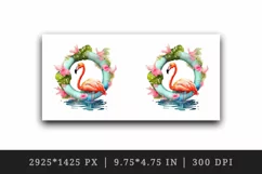 Watercolor pink flamingo stand in water inside tropical floral ring summer print tumbler skinny mug wrap clipart t-shirt sublimation printable design