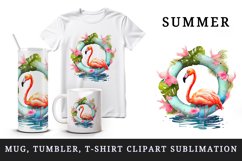 Watercolor pink flamingo stand in water inside tropical floral ring summer print tumbler skinny mug wrap clipart t-shirt sublimation printable design