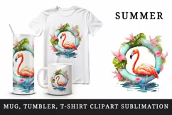 Watercolor pink flamingo stand in water inside tropical floral ring summer print tumbler skinny mug wrap clipart t-shirt sublimation printable design