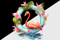 Watercolor pink flamingo stand in water inside tropical floral ring summer print tumbler skinny mug wrap clipart t-shirt sublimation printable design