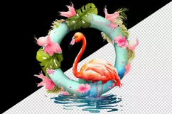 Watercolor pink flamingo stand in water inside tropical floral ring summer print tumbler skinny mug wrap clipart t-shirt sublimation printable design