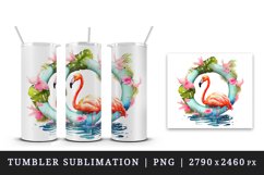 Watercolor pink flamingo stand in water inside tropical floral ring summer print tumbler skinny mug wrap clipart t-shirt sublimation printable design