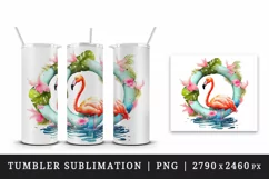 Watercolor pink flamingo stand in water inside tropical floral ring summer print tumbler skinny mug wrap clipart t-shirt sublimation printable design