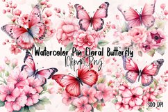 Watercolor Pink Floral Butterfly Clipart Product Image 1