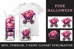 Watercolor pink glamour Halloween cart pumpkins sweets trick or treat print 20 oz tumbler skinny mug wrap clipart t-shirt sublimation printable design
