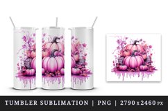 Watercolor pink glamour Halloween pumpkins fall autumn leaves 20 oz tumbler skinny mug wrap clipart t-shirt sublimation printable design