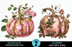 Watercolor Pink And Gold Pumpkin Art Clipart Product Image 1