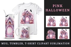 Watercolor Pink Halloween arch gate pumpkins castle house Jack-o-lantern 20 oz tumbler skinny mug wrap clipart t-shirt sublimation printable design