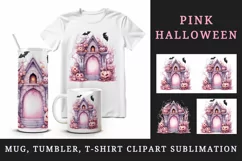 Watercolor Pink Halloween arch gate pumpkins castle house Jack-o-lantern 20 oz tumbler skinny mug wrap clipart t-shirt sublimation printable design