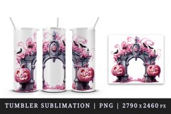 Watercolor Pink Halloween arch gate pumpkins castle house Jack-o-lantern 20 oz tumbler skinny mug wrap clipart t-shirt sublimation printable design