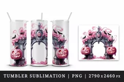 Watercolor Pink Halloween arch gate pumpkins castle house Jack-o-lantern 20 oz tumbler skinny mug wrap clipart t-shirt sublimation printable design