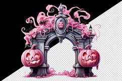 Watercolor Pink Halloween arch gate pumpkins castle house Jack-o-lantern 20 oz tumbler skinny mug wrap clipart t-shirt sublimation printable design