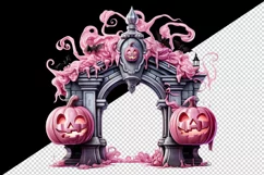 Watercolor Pink Halloween arch gate pumpkins castle house Jack-o-lantern 20 oz tumbler skinny mug wrap clipart t-shirt sublimation printable design