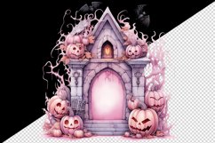 Watercolor Pink Halloween arch gate pumpkins castle house Jack-o-lantern 20 oz tumbler skinny mug wrap clipart t-shirt sublimation printable design