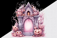Watercolor Pink Halloween arch gate pumpkins castle house Jack-o-lantern 20 oz tumbler skinny mug wrap clipart t-shirt sublimation printable design