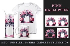 Watercolor Pink Halloween arch gate pumpkins castle house Jack-o-lantern 20 oz tumbler skinny mug wrap clipart t-shirt sublimation printable design