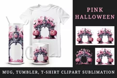 Watercolor Pink Halloween arch gate pumpkins castle house Jack-o-lantern 20 oz tumbler skinny mug wrap clipart t-shirt sublimation printable design