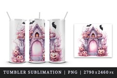 Watercolor Pink Halloween arch gate pumpkins castle house Jack-o-lantern 20 oz tumbler skinny mug wrap clipart t-shirt sublimation printable design